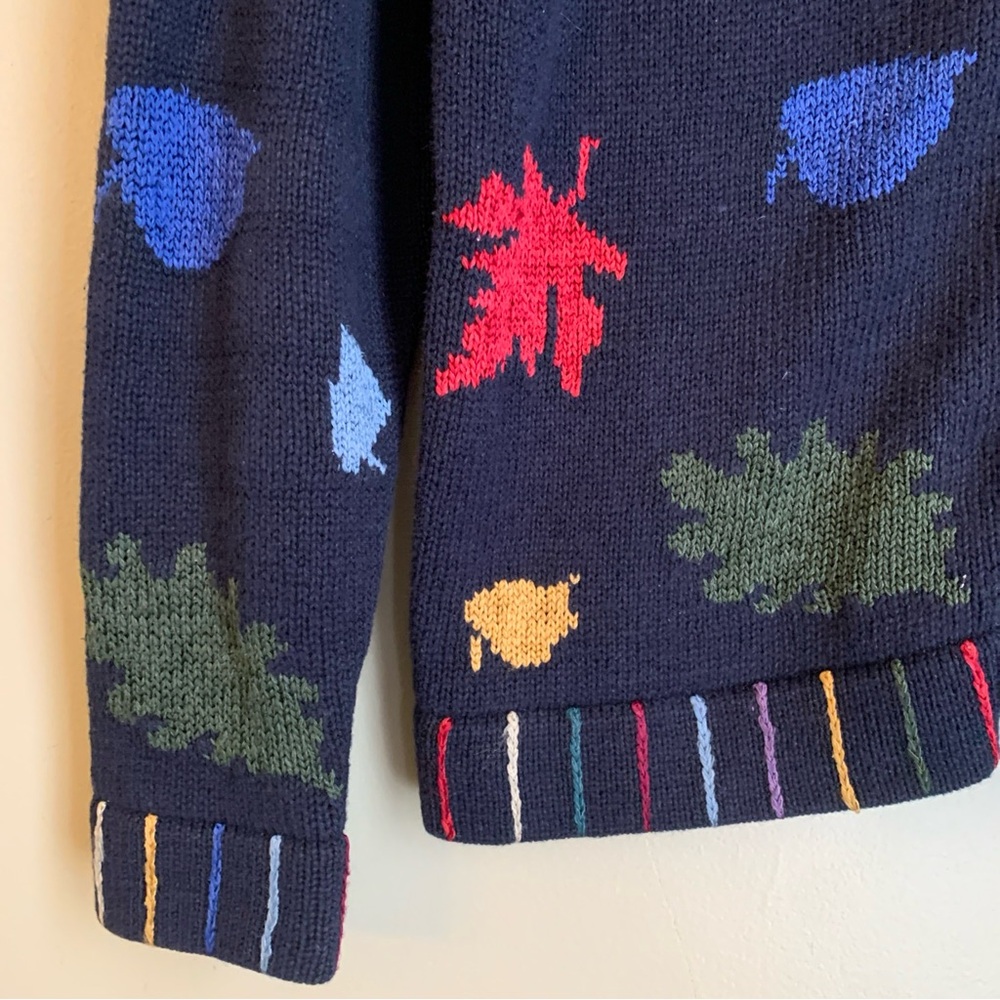 Vtg Christopher & Banks Fall Leaf Sweater Blue Hand Embroidered Knit Leaf Button - Picture 2 of 7